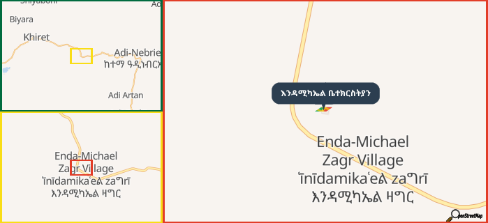 Map showing the address of እንዳሚካኤል ቤተክርስትያን in three different zoom levels.