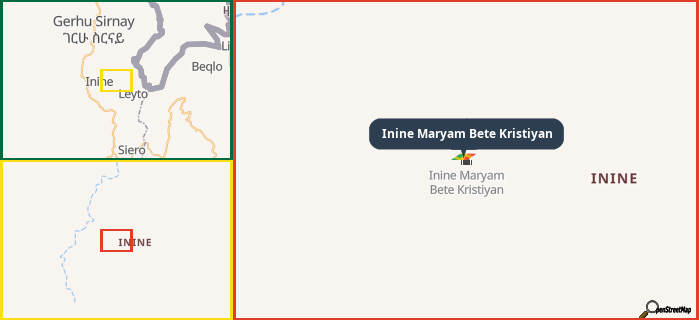Map showing the address of Inine Maryam Bete Kristiyan in three different zoom levels.