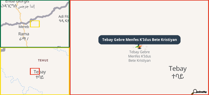 Map showing the address of Tebay Gebre Menfes K'Idus Bete Kristiyan in three different zoom levels.