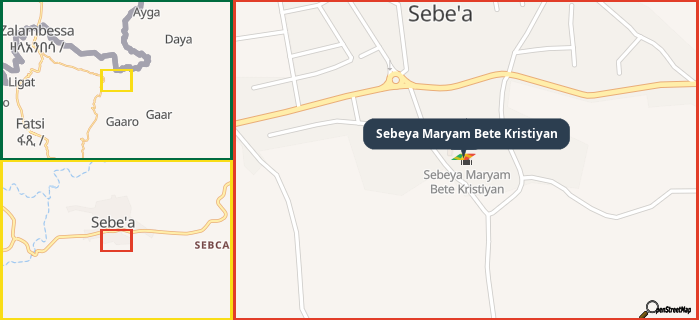Map showing the address of Sebeya Maryam Bete Kristiyan in three different zoom levels.