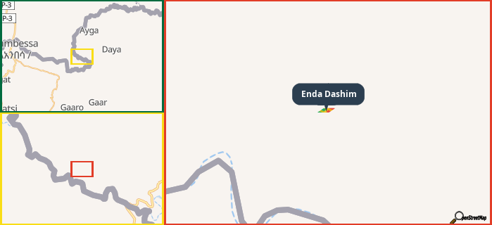 Map showing the address of Enda Dashim in three different zoom levels.