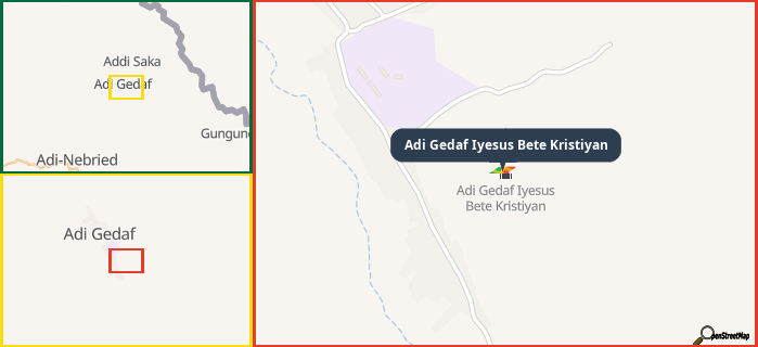 Map showing the address of Adi Gedaf Iyesus Bete Kristiyan in three different zoom levels.