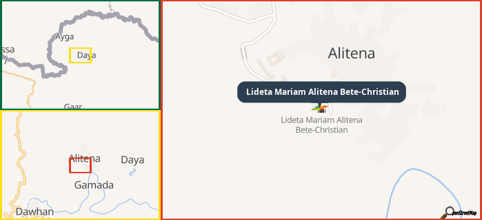 Map showing the address of Lideta Mariam Alitena Bete-Christian in three different zoom levels.