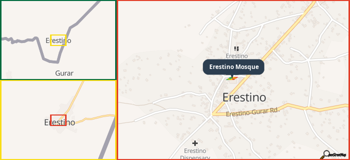 Map showing the address of Erestino Mosque in three different zoom levels.