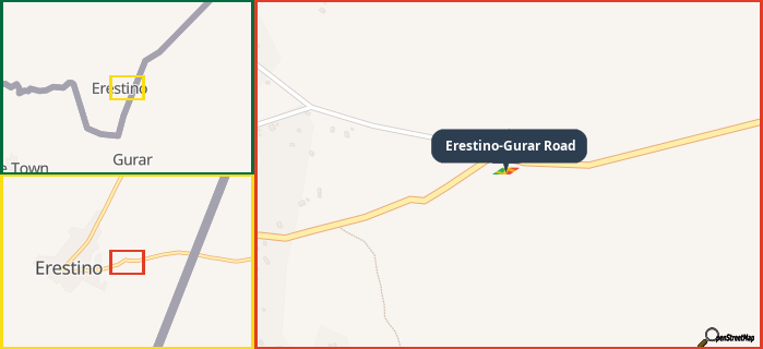 Map showing the address of Erestino-Gurar Road in three different zoom levels.
