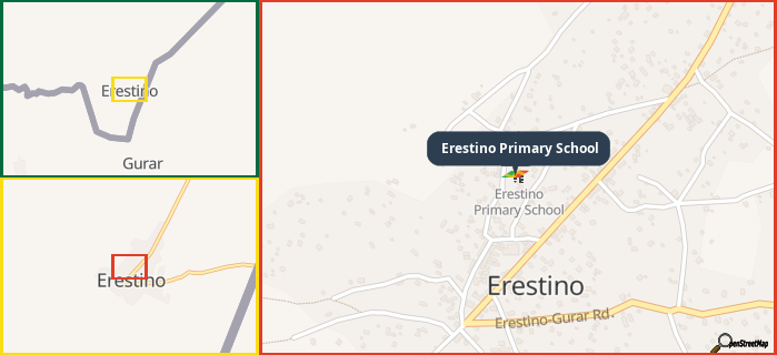 Map showing the address of Erestino Primary School in three different zoom levels.