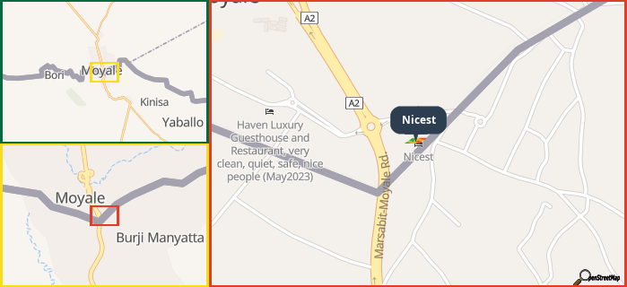 Map showing the address of Nicest in three different zoom levels.