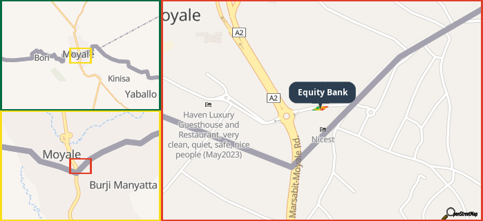 Map showing the address of Equity Bank in three different zoom levels.