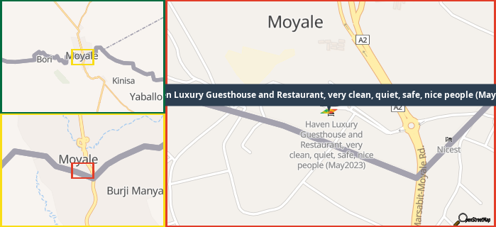 Map showing the address of Haven Luxury Guesthouse and Restaurant, very clean, quiet, safe, nice people (May2023) in three different zoom levels.