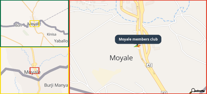 Map showing the address of Moyale members club in three different zoom levels.