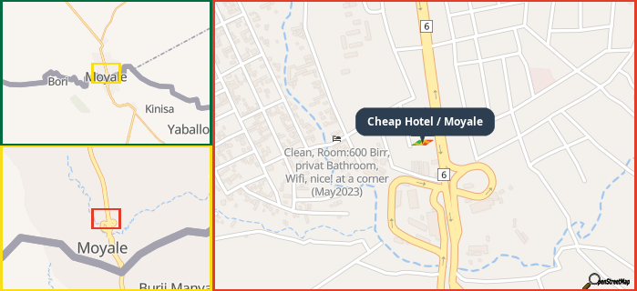 Map showing the address of Cheap Hotel / Moyale in three different zoom levels.