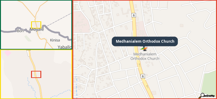 Map showing the address of Medhanialem Orthodox Church in three different zoom levels.
