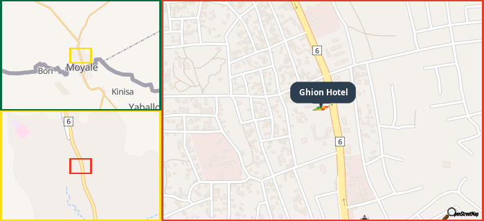 Map showing the address of Ghion Hotel in three different zoom levels.