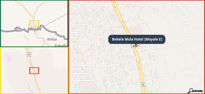 Map showing the address of Bekele Mola Hotel (Moyale E) in three different zoom levels.