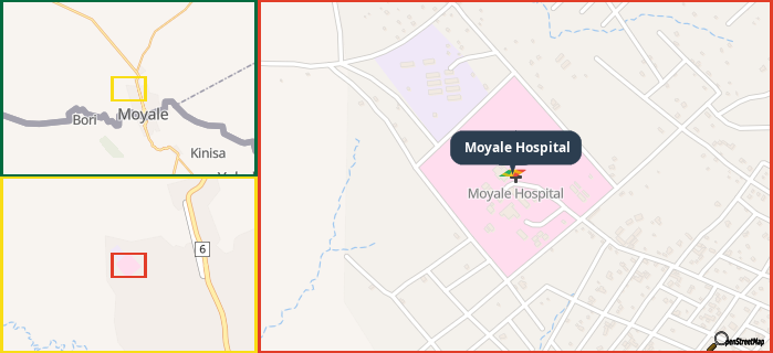 Map showing the address of Moyale Hospital in three different zoom levels.
