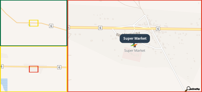 Map showing the address of Super Market in three different zoom levels.