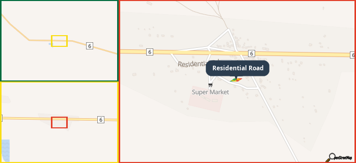 Map showing the address of Residential Road in three different zoom levels.