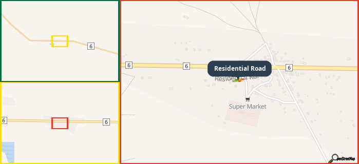 Map showing the address of Residential Road in three different zoom levels.