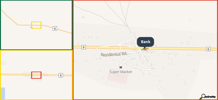 Map showing the address of Bank in three different zoom levels.