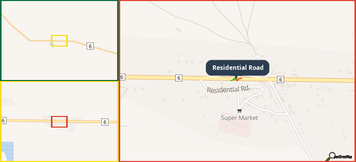 Map showing the address of Residential Road in three different zoom levels.