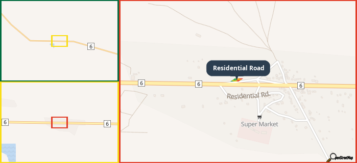 Map showing the address of Residential Road in three different zoom levels.