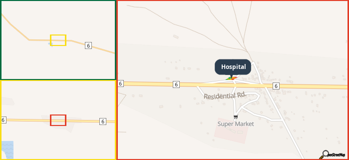 Map showing the address of Hospital in three different zoom levels.