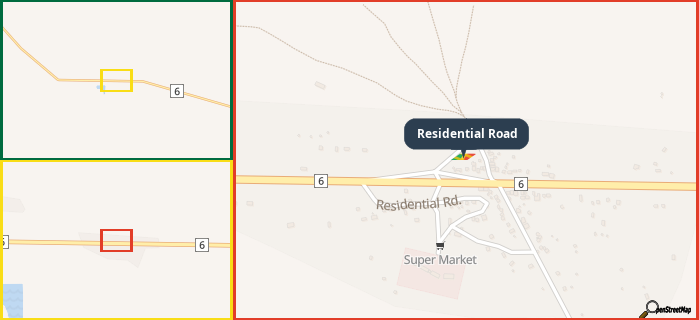 Map showing the address of Residential Road in three different zoom levels.