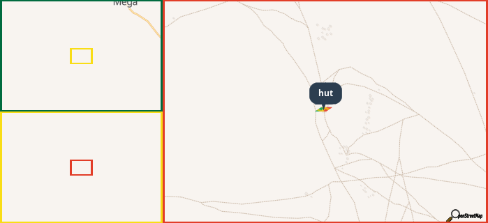 Map showing the address of hut in three different zoom levels.