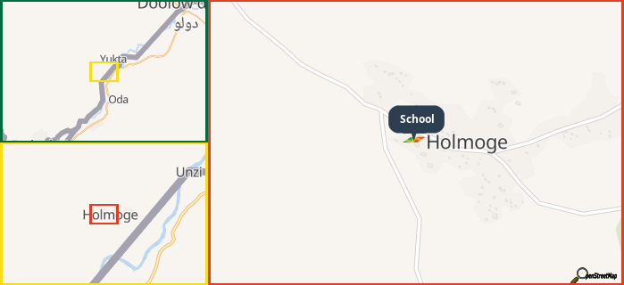 Map showing the address of School in three different zoom levels.