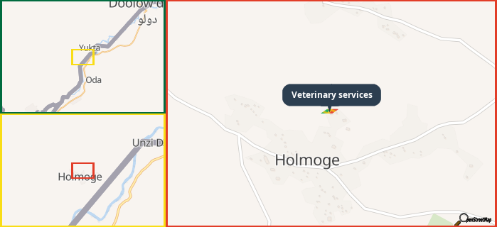 Map showing the address of Veterinary services in three different zoom levels.