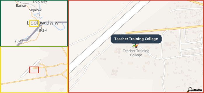 Map showing the address of Teacher Training College in three different zoom levels.