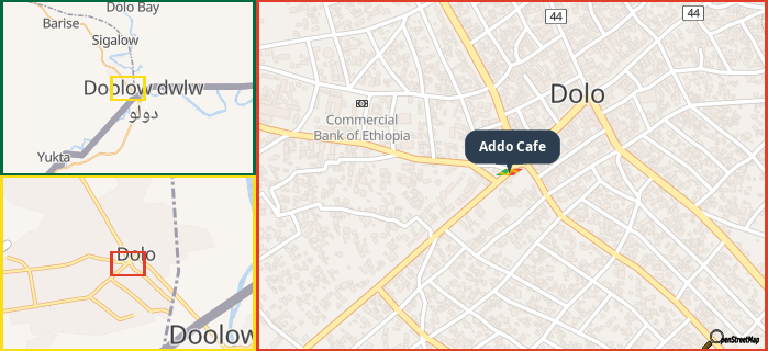 Map showing the address of Addo Cafe in three different zoom levels.