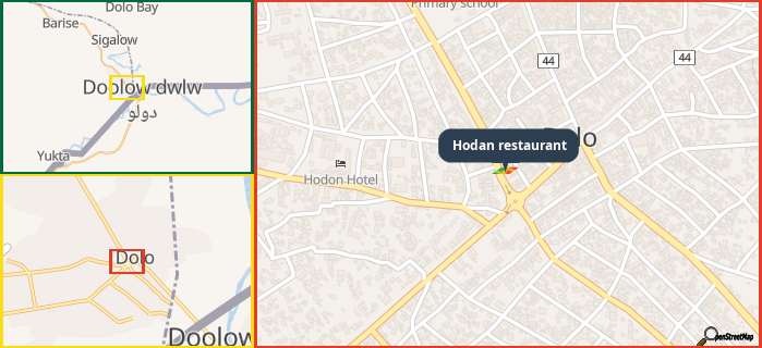 Map showing the address of Hodan restaurant in three different zoom levels.