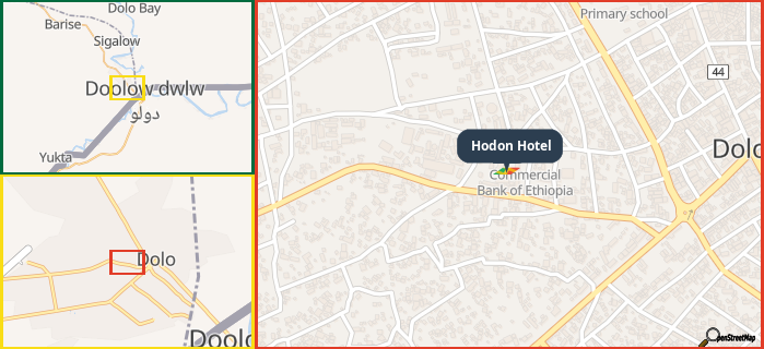 Map showing the address of Hodon Hotel in three different zoom levels.