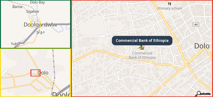 Map showing the address of Commercial Bank of Ethiopia in three different zoom levels.