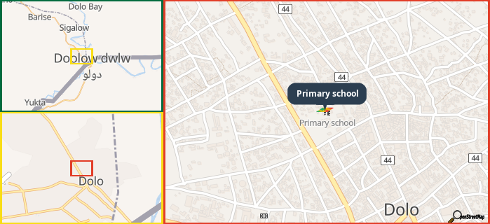 Map showing the address of Primary school in three different zoom levels.