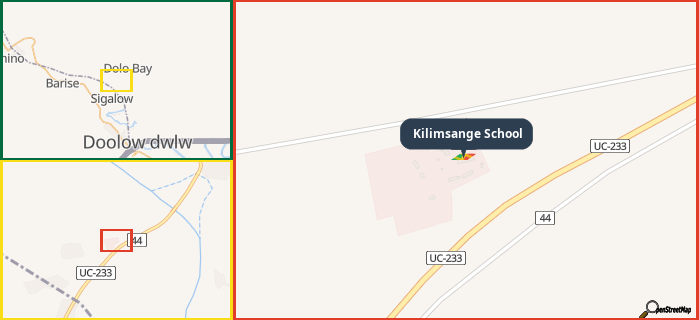 Map showing the address of Kilimsange School in three different zoom levels.