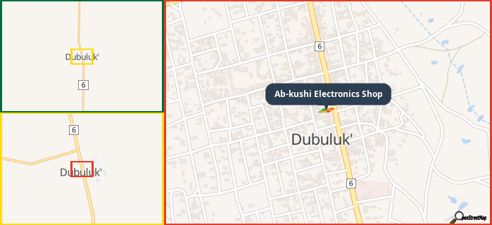 Map showing the address of Ab-kushi Electronics Shop in three different zoom levels.