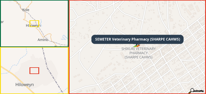 Map showing the address of SEMETER Veterinary Pharmacy (SHARPE CAHWS) in three different zoom levels.
