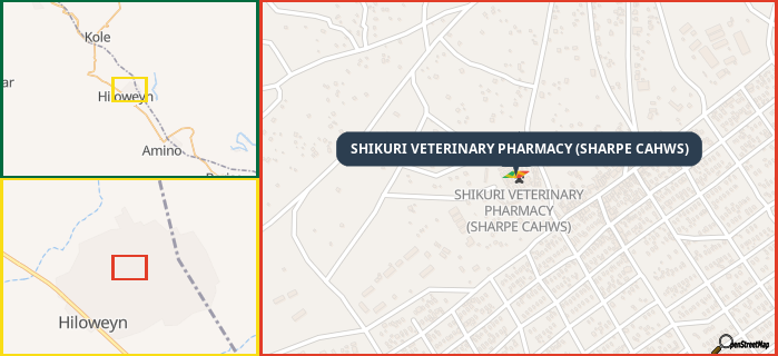 Map showing the address of SHIKURI VETERINARY PHARMACY (SHARPE CAHWS) in three different zoom levels.