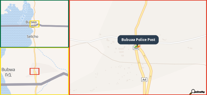 Map showing the address of Bubuaa Police Post in three different zoom levels.
