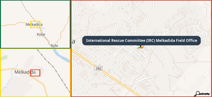 Map showing the address of International Rescue Committee (IRC) Melkadida Field Office in three different zoom levels.