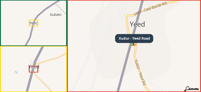 Map showing the address of Xudur - Yeed Road in three different zoom levels.