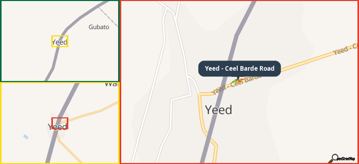 Map showing the address of Yeed - Ceel Barde Road in three different zoom levels.