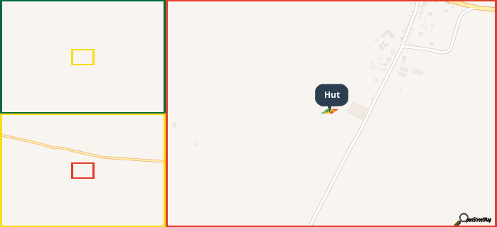 Map showing the address of Hut in three different zoom levels.