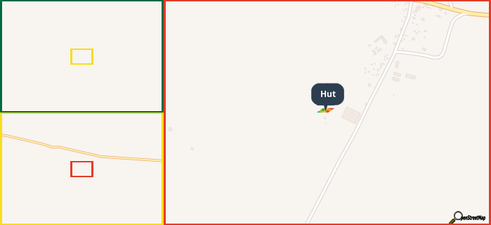 Map showing the address of Hut in three different zoom levels.