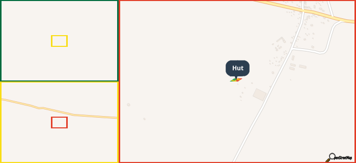 Map showing the address of Hut in three different zoom levels.