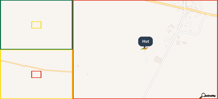 Map showing the address of Hut in three different zoom levels.