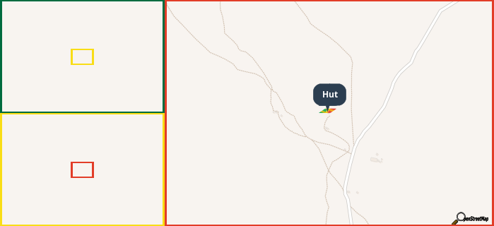 Map showing the address of Hut in three different zoom levels.