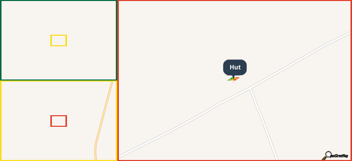 Map showing the address of Hut in three different zoom levels.